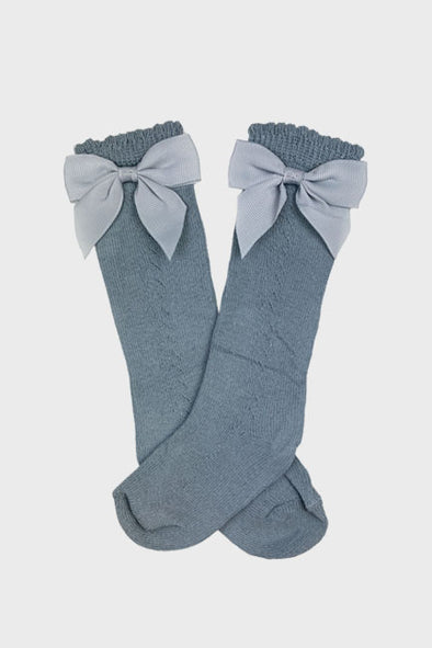 bow knee high socks || dusty blue