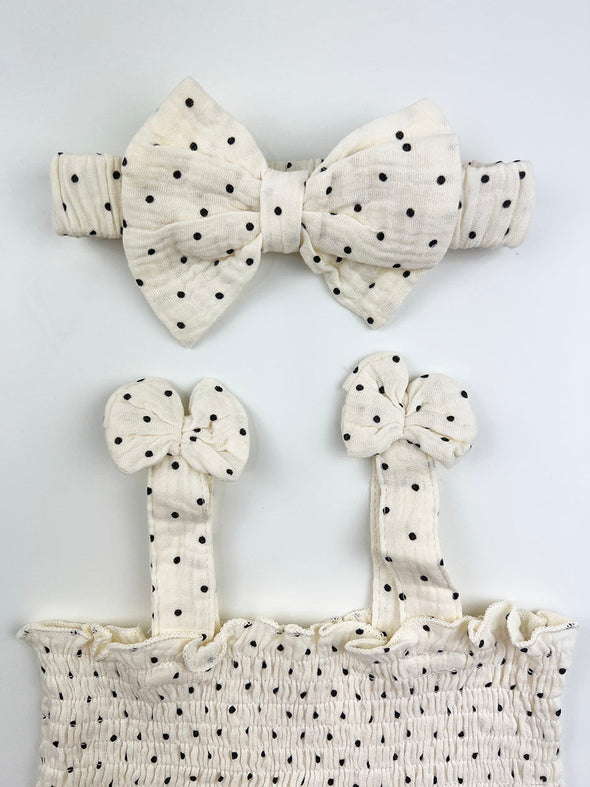 bow polka dot onesie set || cream/black