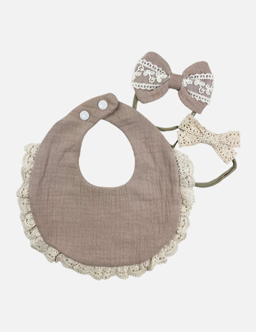 lace trim bib and bow set || taupe