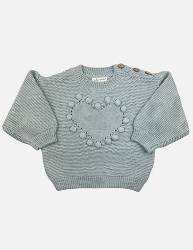 heart pom knitted sweater || dusty blue