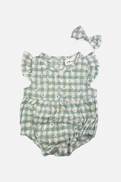 gingham daisy ruffle onesie || mint