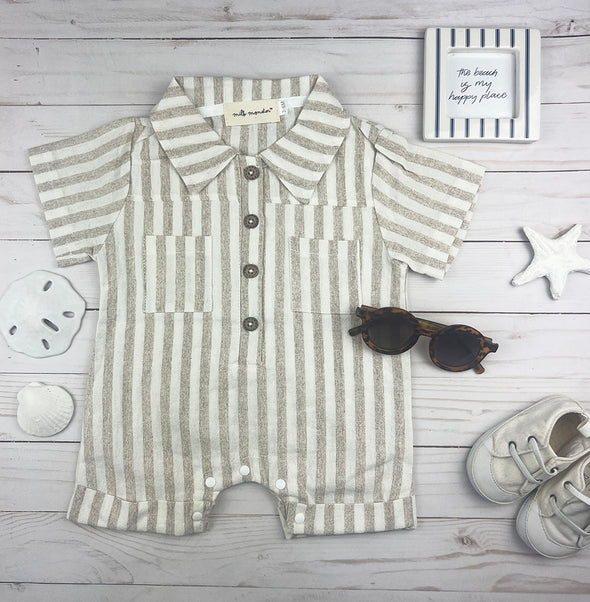 jude linen striped romper || tan