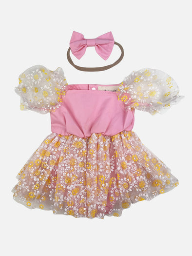 puff sleeve daisy tulle onesie dress || pink