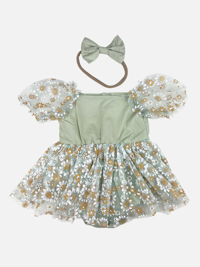 puff sleeve daisy tulle onesie dress || mint