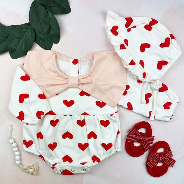 2 pc heart onesie set || red/white