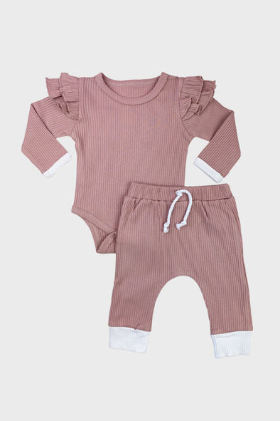 long sleeve ruffle onesie set || misty rose/white