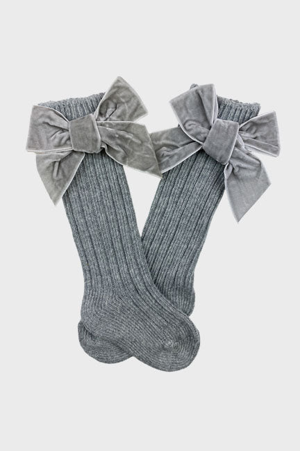 velvet bow knee high socks || grey