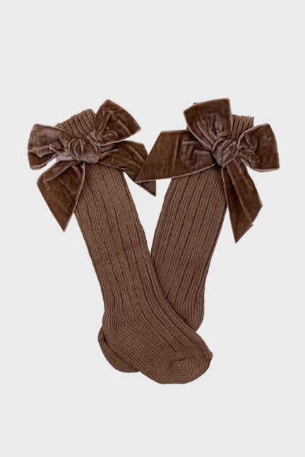 velvet bow knee high socks || chocolate