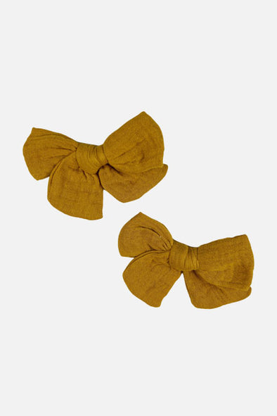 big bow linen hair clip set || gold