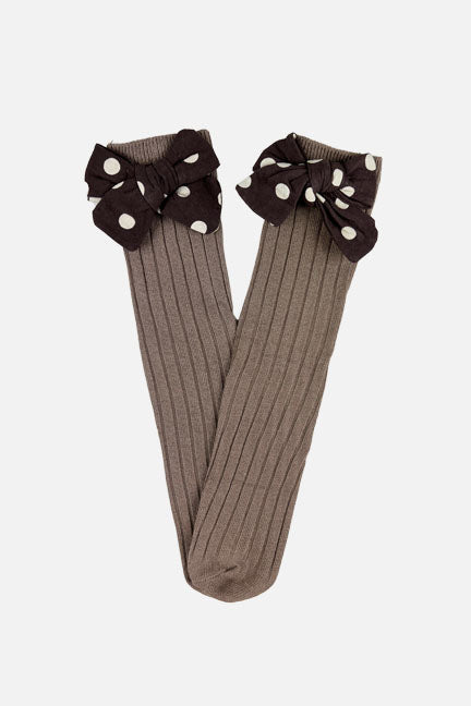 big bow polka dot knee high socks || mocha