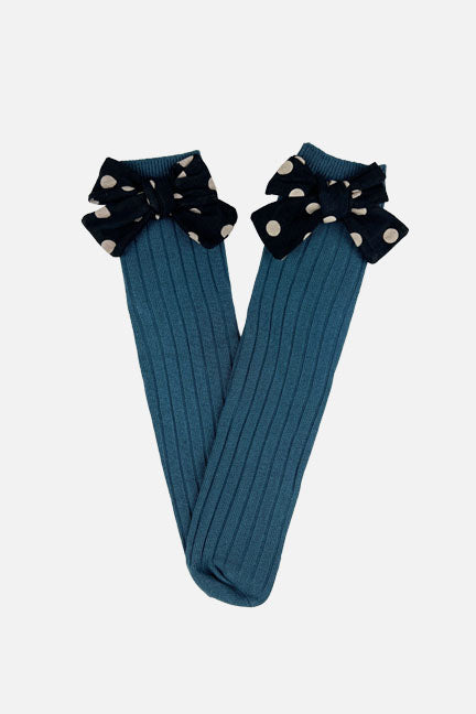 big bow polka dot knee high socks || deep teal