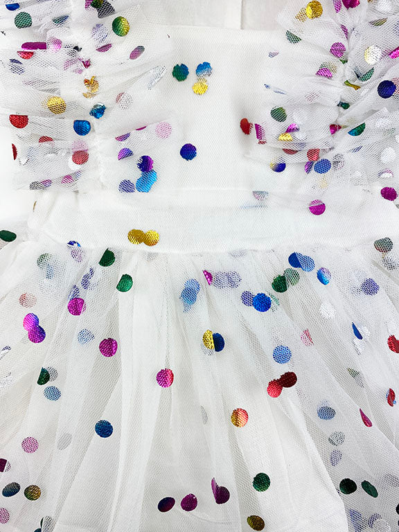Gray Party Dot Tulle with Rainbow Foil Dot - Confetti Dot Collection by  Ruffle Fabric