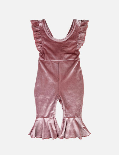 velvet ruffle bell bottom onesie || pink icing