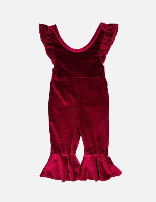 velvet ruffle bell bottom onesie || deep red