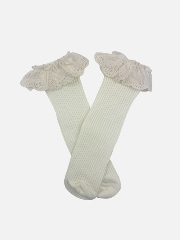 scalloped lace knee high socks || cream