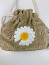 straw drawstring daisy purse || beige