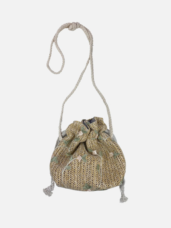 straw drawstring floral purse || beige