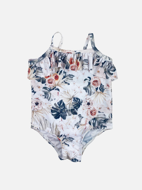 ruffle one piece swimsuit || monstera floral