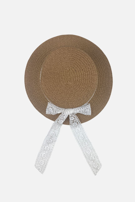 straw lace bow hat || toffee