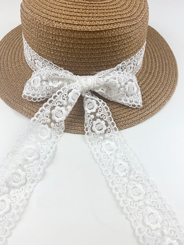 straw lace bow hat || toffee