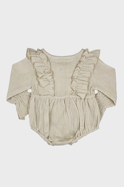 linen long sleeve ruffle onesie || oatmeal