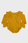 linen long sleeve ruffle onesie || honey gold