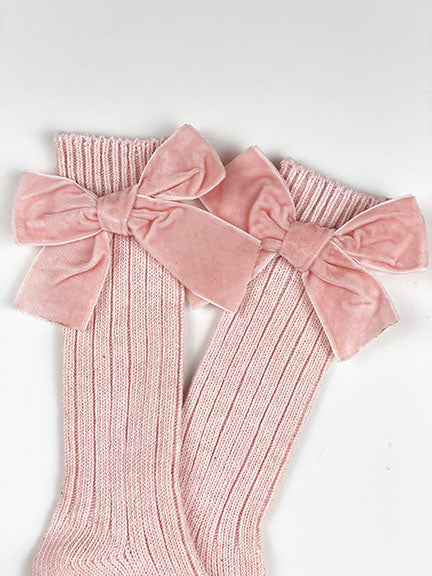 velvet bow knee high socks || powder pink