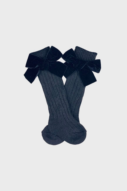 velvet bow knee high socks || black