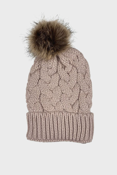 mommy cable knit pom beanie || camel