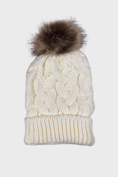 mommy cable knit pom beanie || cream