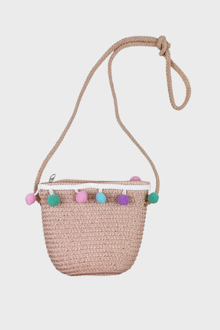 straw pom pom purse || pink