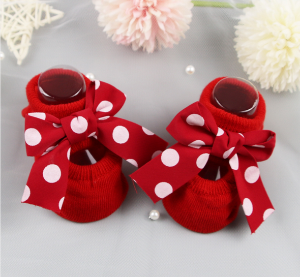 bow bootie socks || red big polka dot