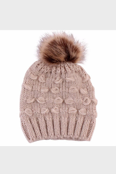 crochet knit beanie with pom || camel